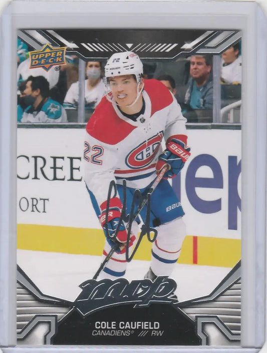 Hockey trading card of Cole Caufield in red jersey from Upper Deck MVP Silver Script