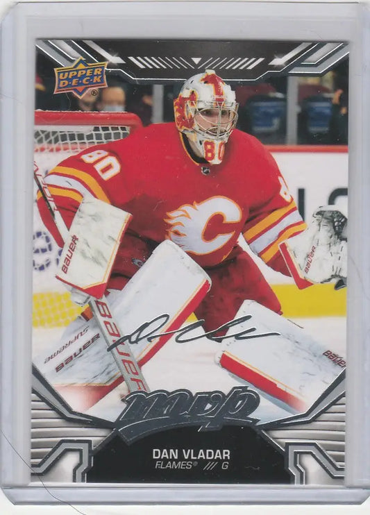 Hockey trading card of Dan Vladar Calgary Flames in red jersey from Upper Deck MVP