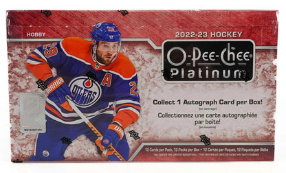 2022-23 Upper Deck O-Pee-Chee Platinum Hockey box with Edmonton Oilers player and marquee rookies