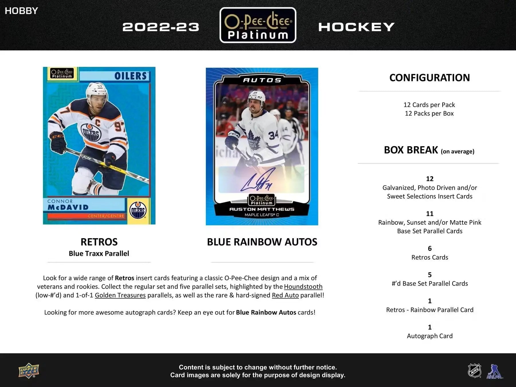 Product information sheet for 2022-23 Upper Deck O-Pee-Chee Platinum Hockey cards