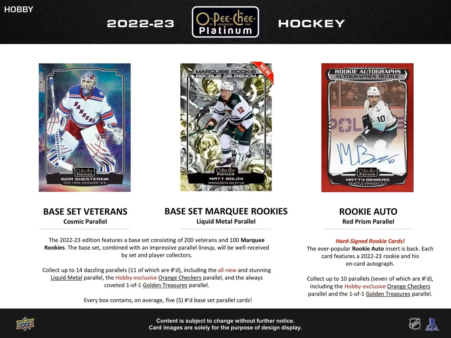 Advertisement for O-Pee-Chee Platinum Hockey cards showcasing base set and marquee rookies