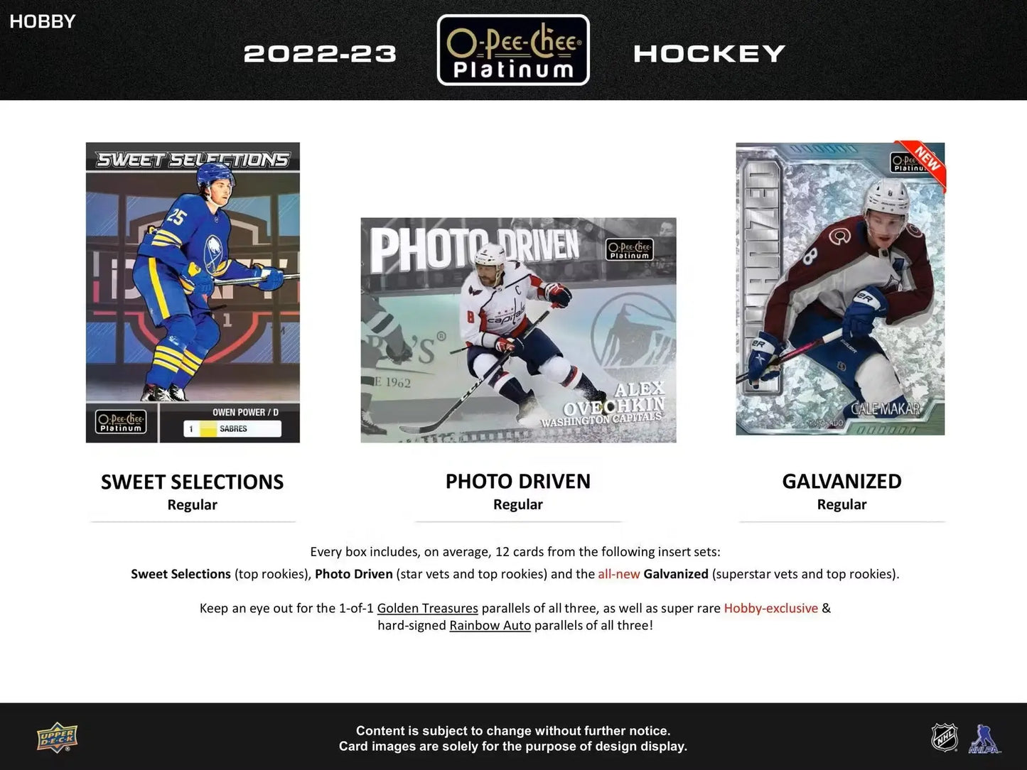 Marketing sell sheet showcasing O-Pee-Chee Platinum hockey card designs from 2022-23 season