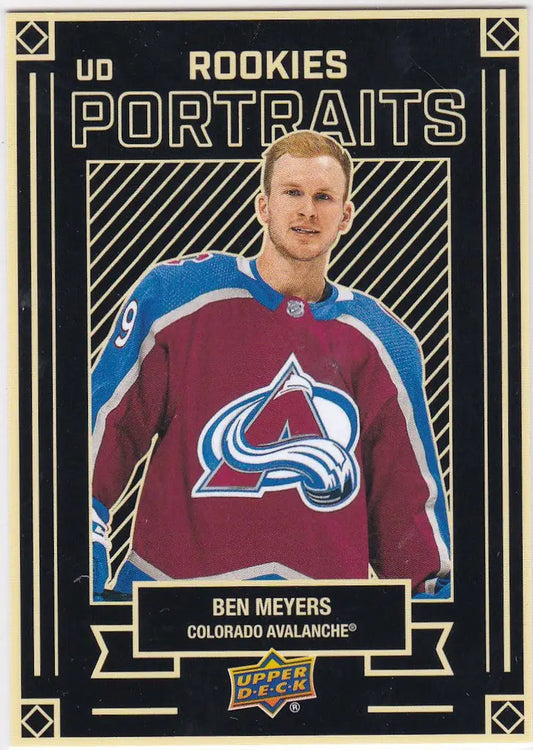 Hockey trading card of Ben Meyers Rookie Portrait in Colorado Avalanche jersey