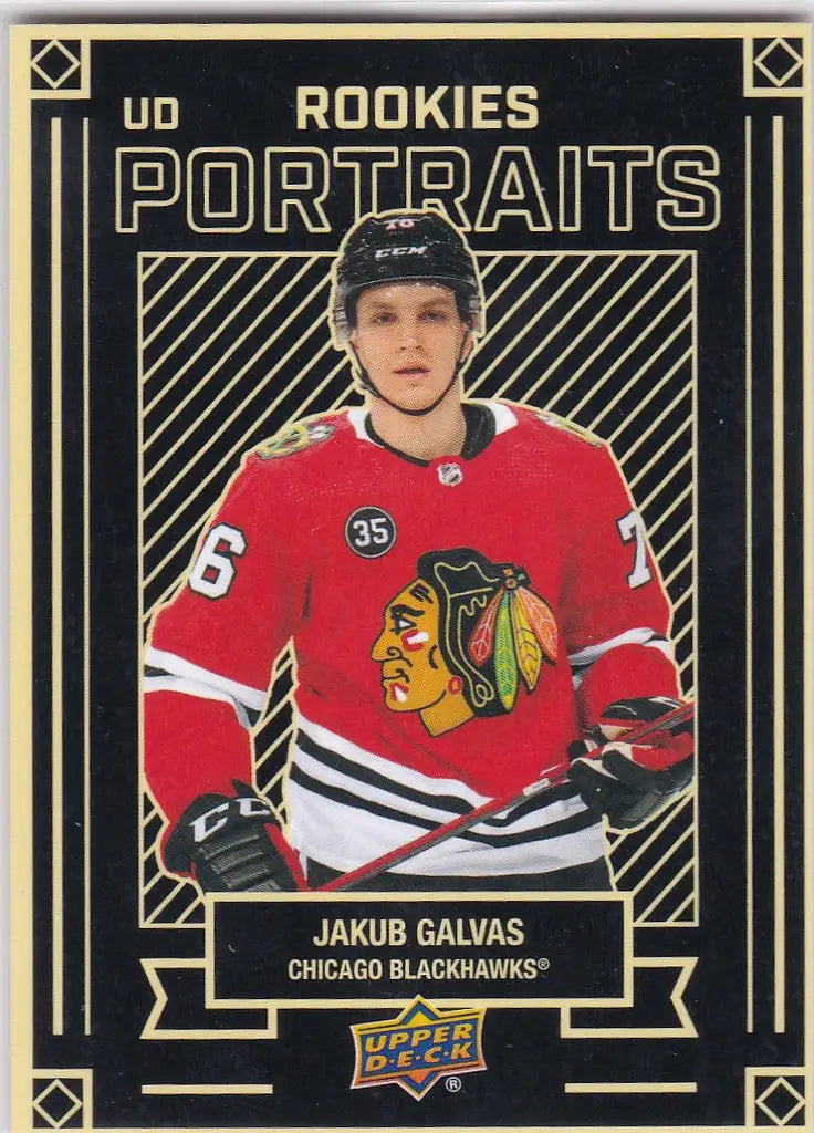 Hockey trading card of Jakub Galvas portrait with Chicago Blackhawks red jersey