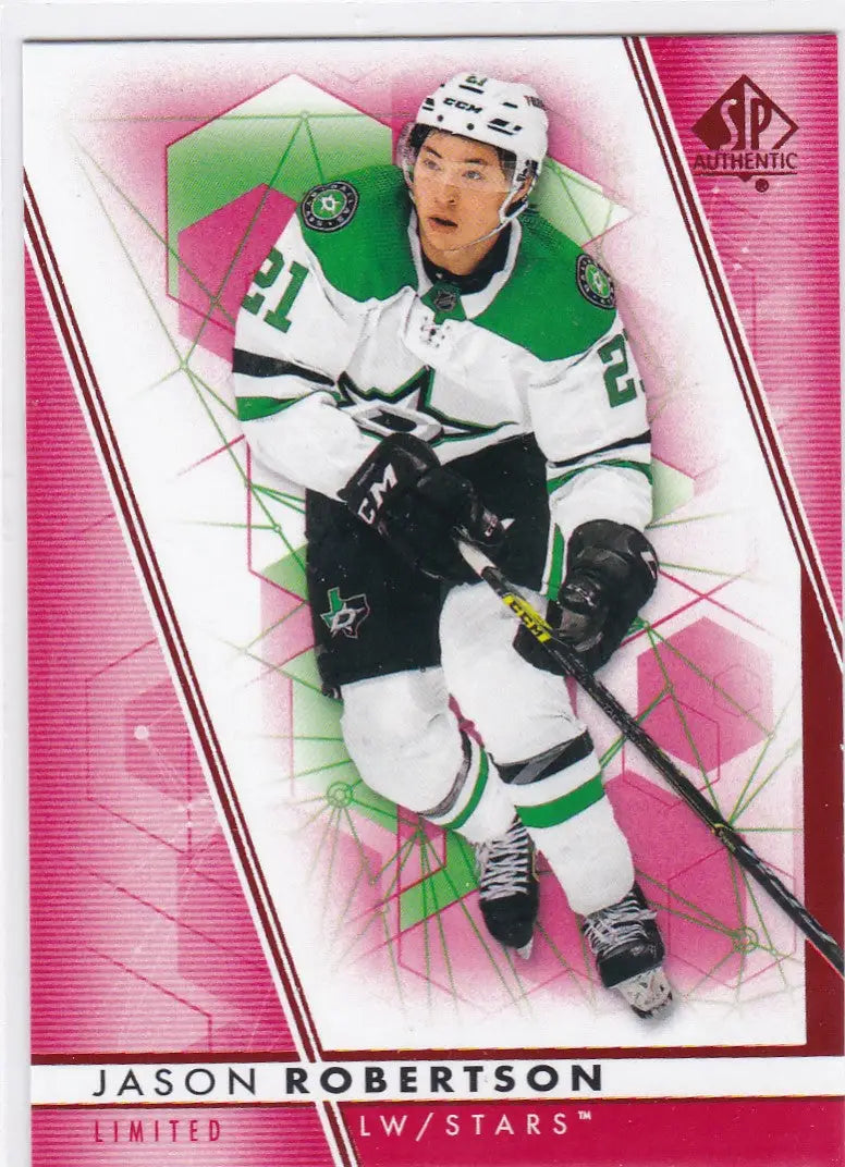 Hockey player in Dallas Stars jersey showcasing Jason Robertson Red Limited action on ice