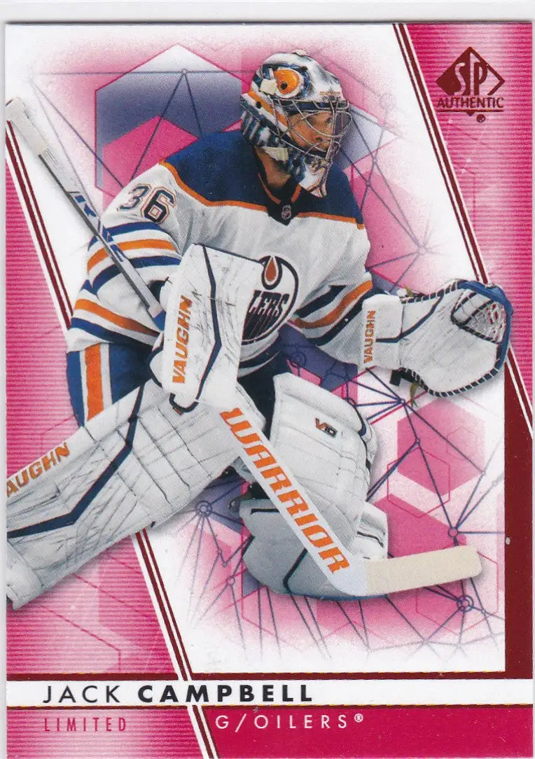 Hockey goalie in Edmonton Oilers jersey making a save for Jack Campbell Red Limited card