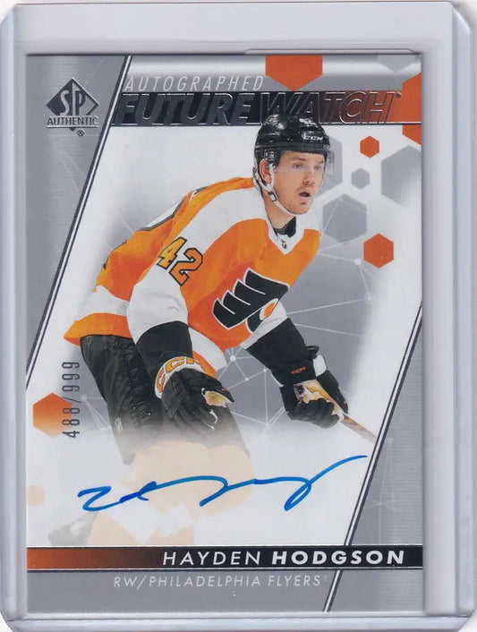 Hockey trading card of Hayden Hodgson in an orange jersey from 2022-23 Upper Deck Authentic Auto