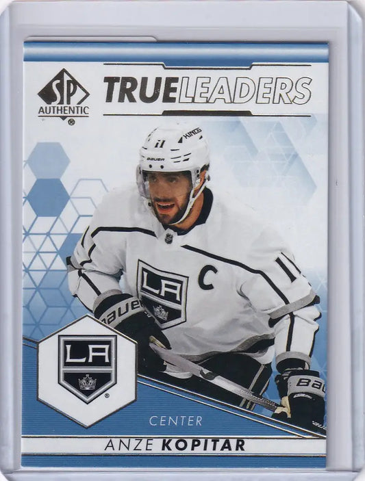 Hockey trading card of Anze Kopitar in white jersey for Los Angeles Kings 2022-23 Upper Deck