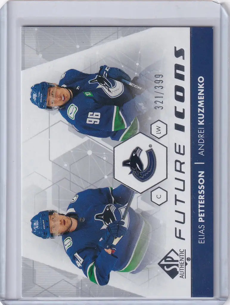 Hockey trading card of Elias Pettersson and Andrei Kuzmenko from the Canucks