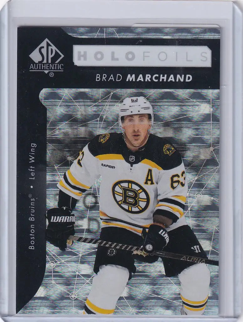 Hockey trading card of Brad Marchand in white jersey for Boston Bruins Upper Deck Authentic Holofoil