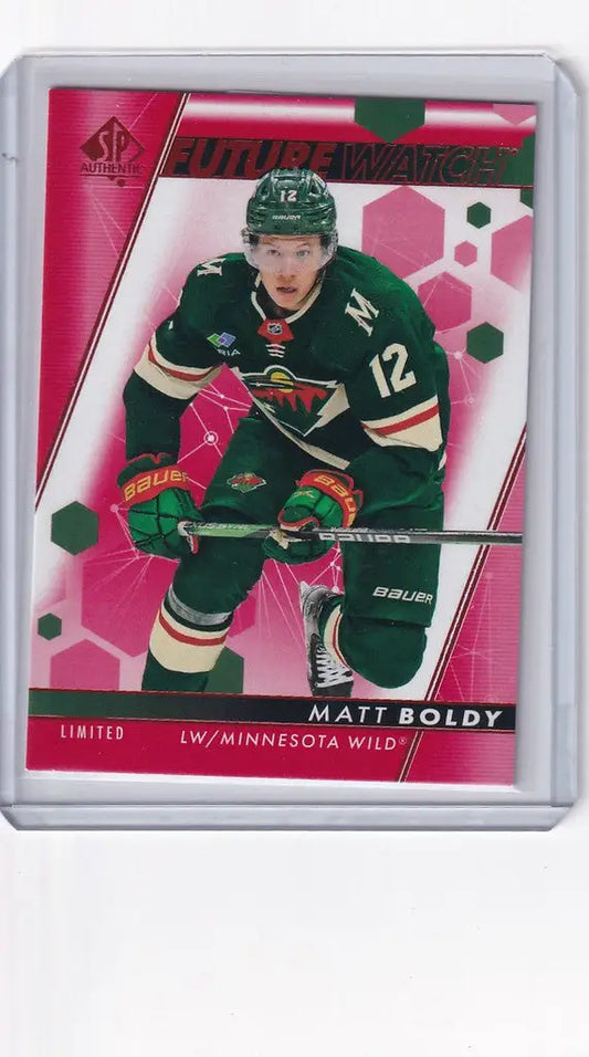 Hockey trading card of Matt Boldy in Minnesota Wild jersey from Upper Deck SP Authentic Red