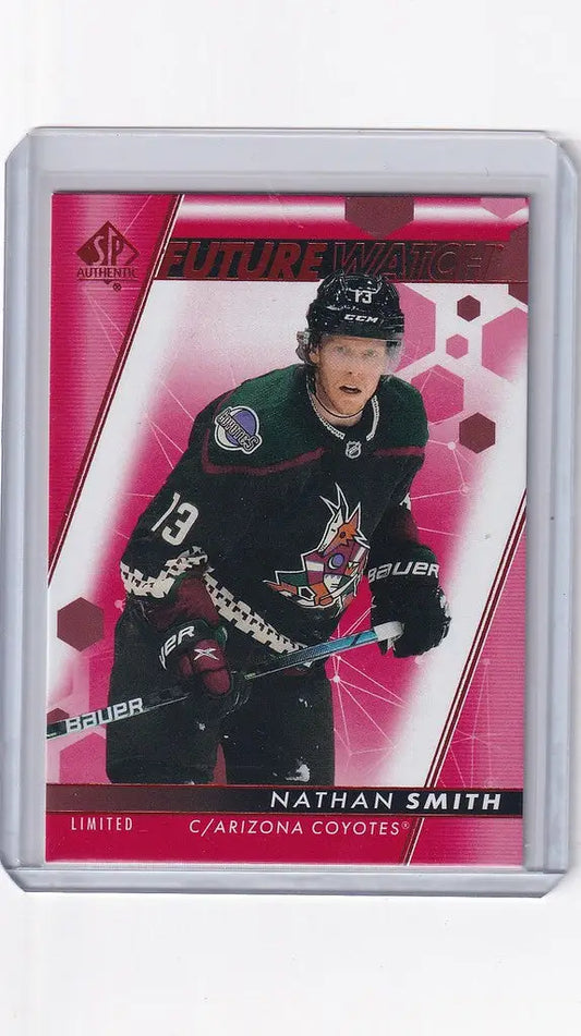 Hockey trading card of Nathan Smith in dark jersey for Arizona Coyotes Upper Deck SP Authentic