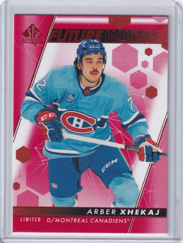 Hockey trading card of Arber Xhekaj in blue jersey for Montreal Canadiens from Upper Deck