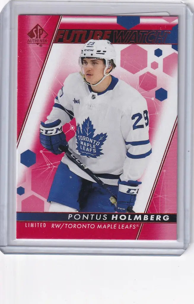 Hockey trading card of Pontus Holmberg in a Toronto Maple Leafs jersey by Upper Deck