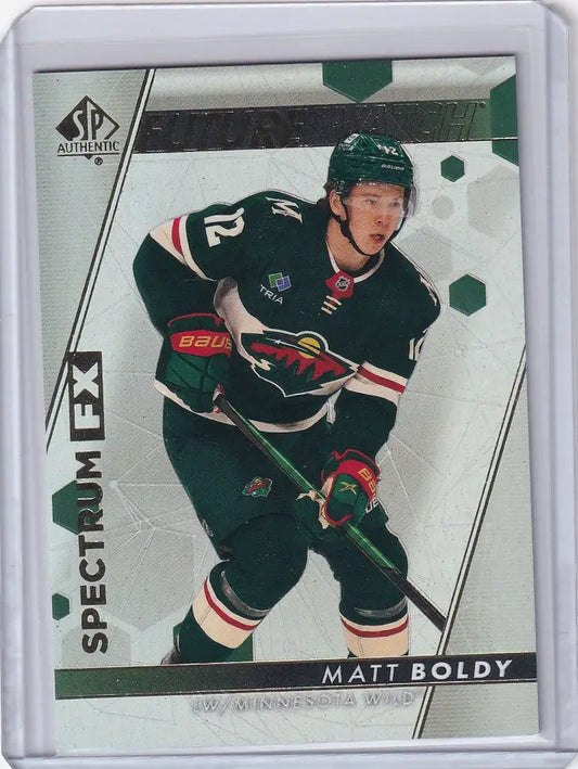 Hockey trading card of Matt Boldy in green jersey #12 from Upper Deck Authentic Spectrum