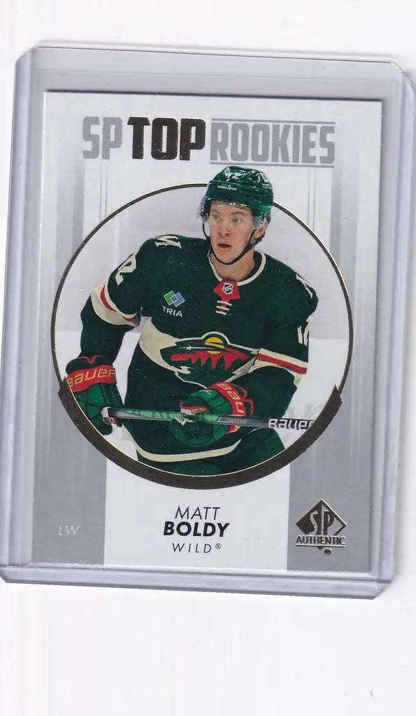 Hockey trading card of Matt Boldy in green jersey from 2022-23 Upper Deck SP Authentic