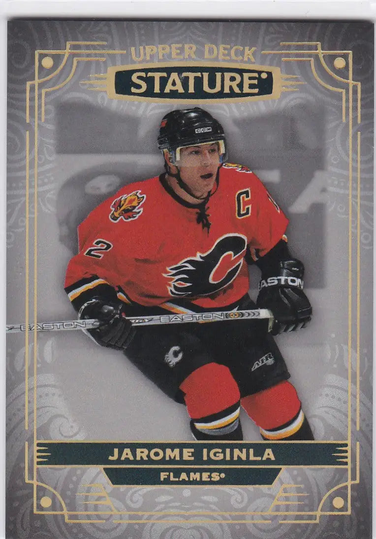 Hockey trading card of Jarome Iginla Calgary Flames in red jersey from Upper Deck Stature