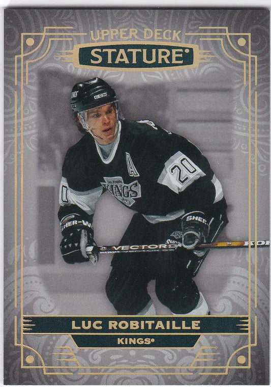 Hockey trading card of Luc Robitaille Los Angeles in black Kings jersey from Upper Deck Stature