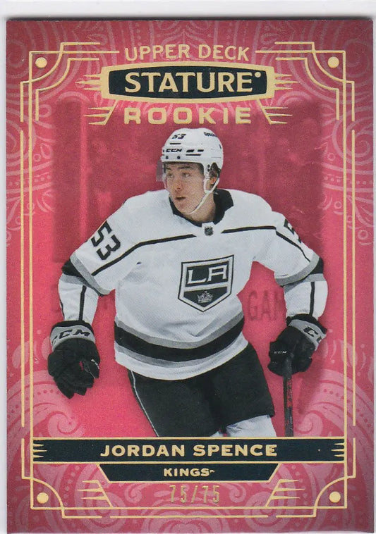 Hockey trading card of Jordan Spence rookie from 2022-23 Upper Deck Stature RED