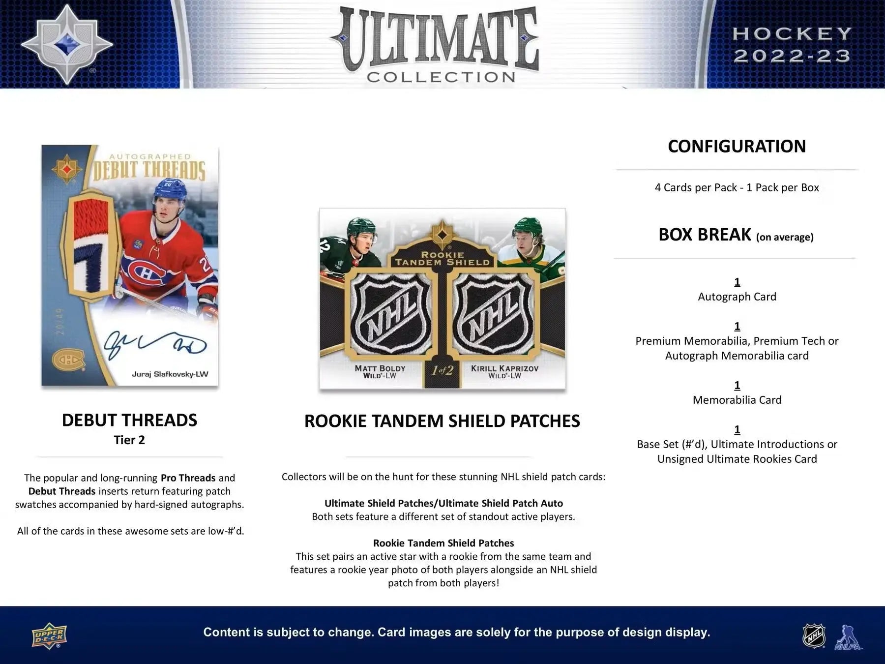 Product configuration details for 2022/23 Upper Deck Ultimate Collection Hockey box