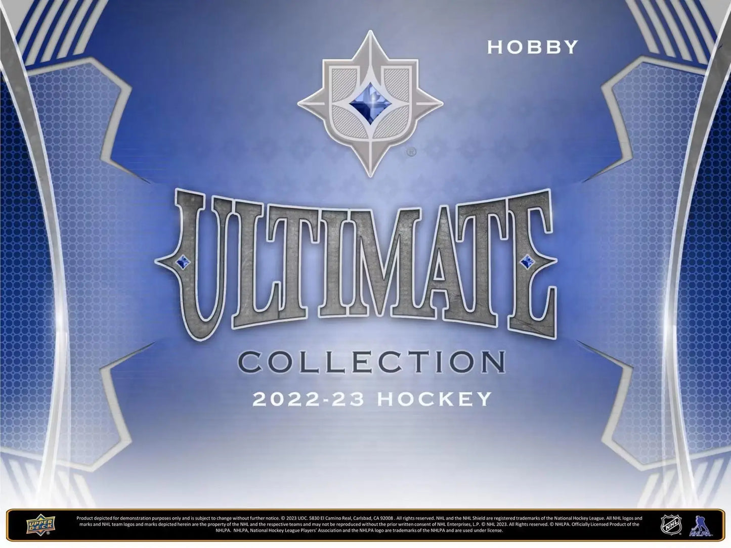 Ultimate Collection 2022-23 Hockey trading card logo with metallic blue design elements