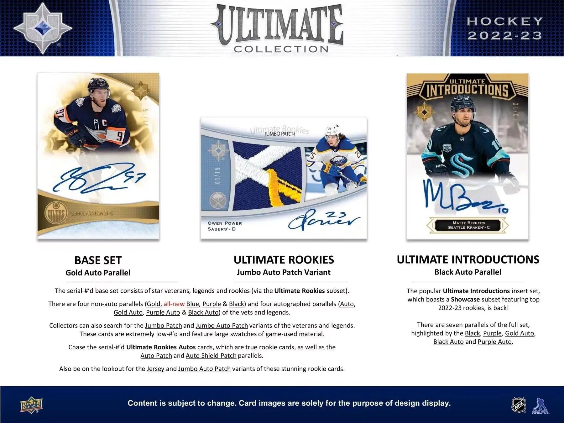 Marketing layout for 2022/23 Upper Deck Ultimate Collection Hockey card designs