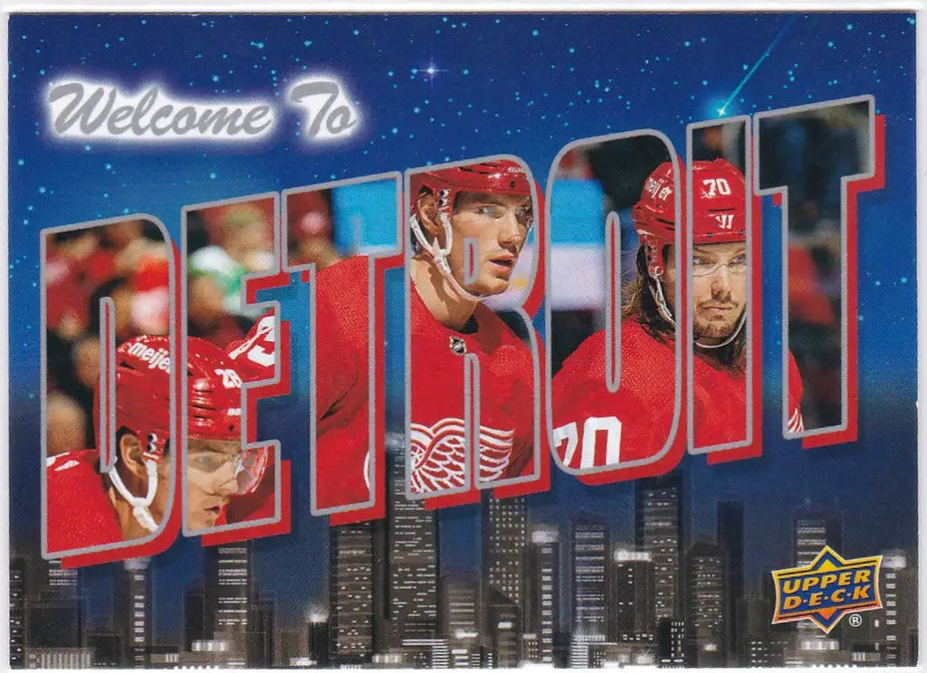 Postcard-style graphic of Welcome to Detroit with hockey players in Upper Deck Red Wings trading cards