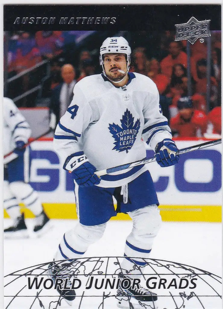 Hockey player in a Toronto Maple Leafs jersey showcasing Auston Matthews skills on ice