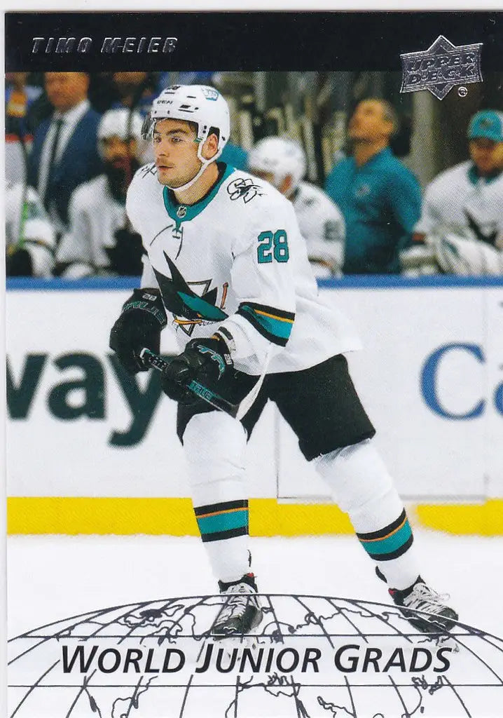 Hockey player in white San Jose Sharks jersey number 28 from Upper Deck World Junior Grads