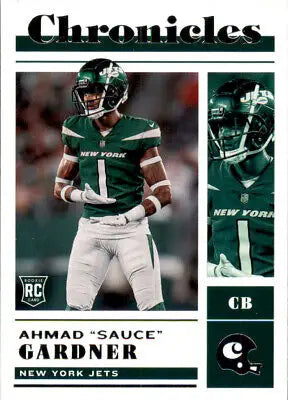 Ahmad Gardner rookie card from 2022 Panini Chronicles New York Jets NFL collection