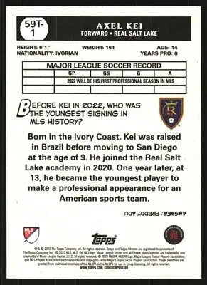 Axel Kei Rookie Card from 2022 Topps Chrome MLS Real Salt Lake NM-MT