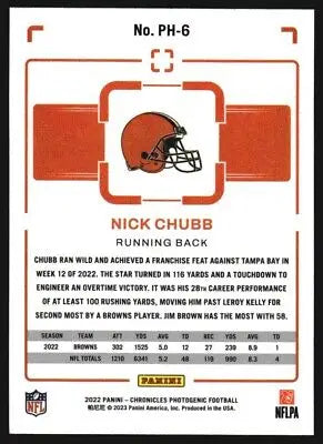 Nick Chubb 2022 Panini Chronicles Photogenic #6 Cleveland Browns Football Card NM-MT