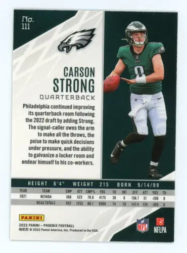 Carson Strong Rookie Football Card from 2022 Panini Phoenix #111 Philadelphia Eagles