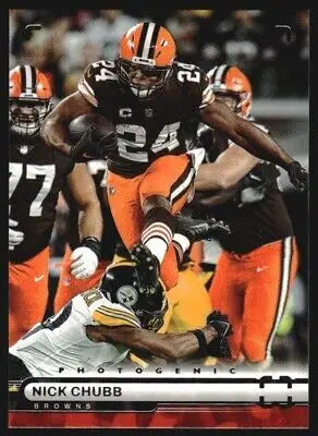 Football card of Nick Chubb from Panini Chronicles Photogenic series featuring the Cleveland Browns