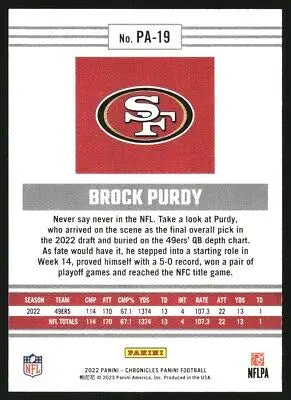 Brock Purdy football card from 2022 Panini Chronicles Panini Bronze series NM-MT condition