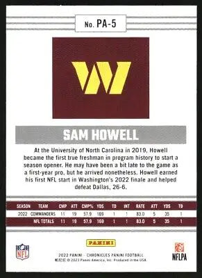 Sam Howell Rookie Football Trading Card from 2022 Panini Chronicles Panini Set