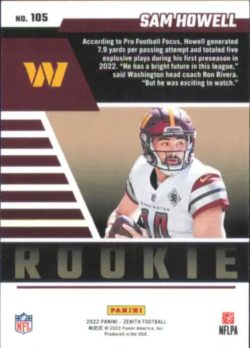 Sam Howell rookie football card from 2022 Zenith Retail #105 for Washington Commanders