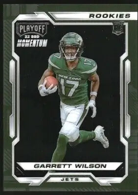 Garrett Wilson football card from 2022 Panini Chronicles Playoff Momentum Rookies series