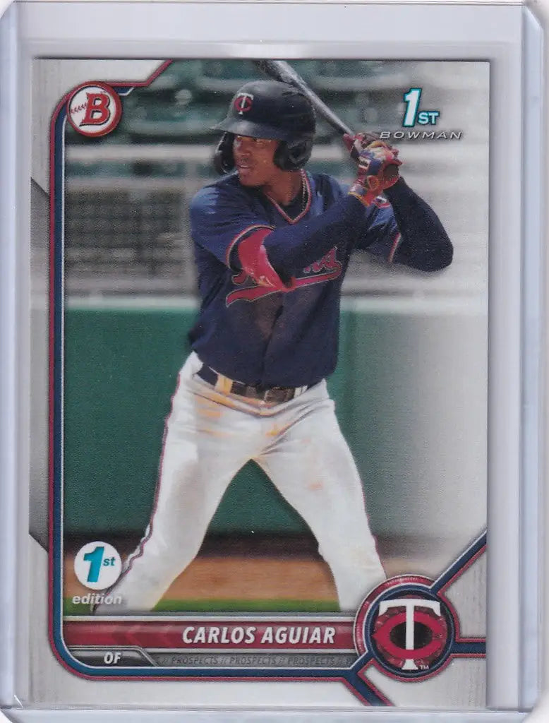 Baseball card of Carlos Aguiar Minnesota Twins in navy uniform from Bowman 1st Edition