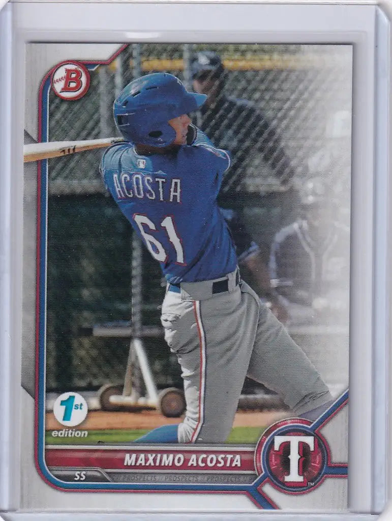 Baseball card of Maximo Acosta Texas from 2022 Bowman 1st Edition in batting stance