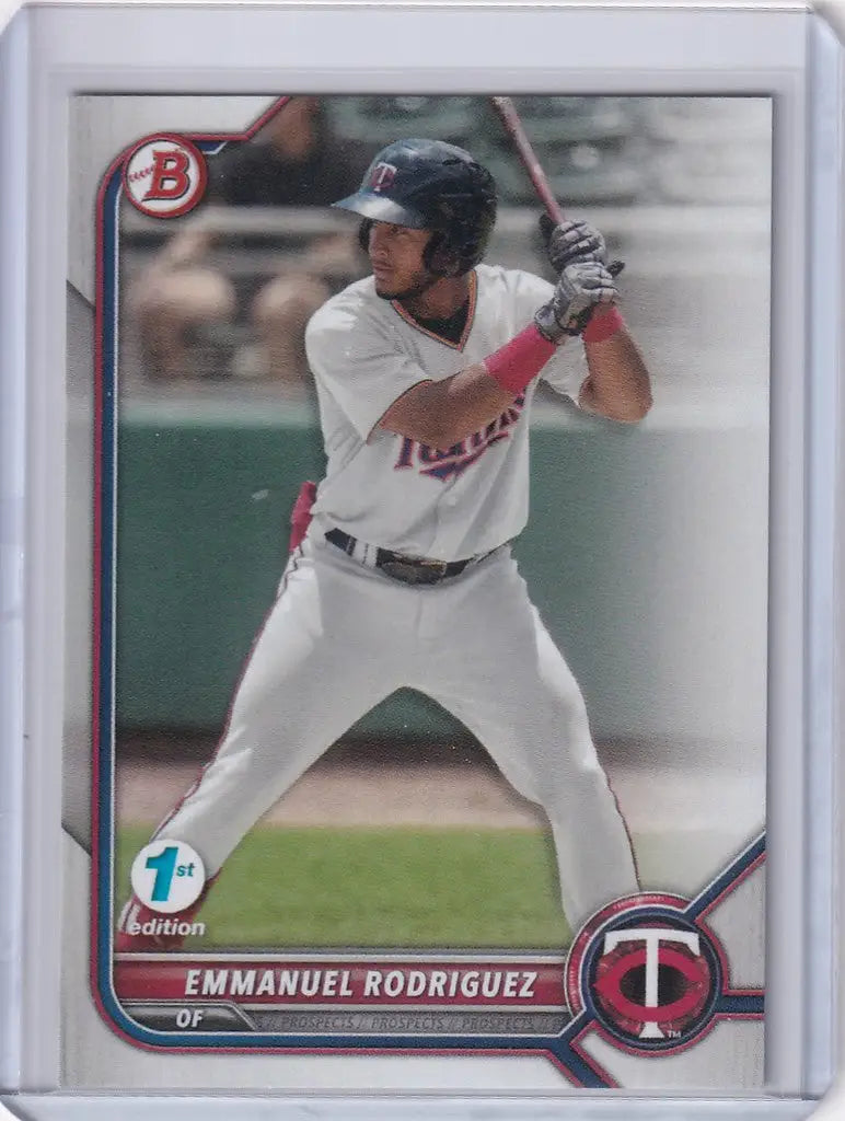 Baseball card of Emmanuel Rodriguez Minnesota Twins in batting stance from Bowman 1st Edition