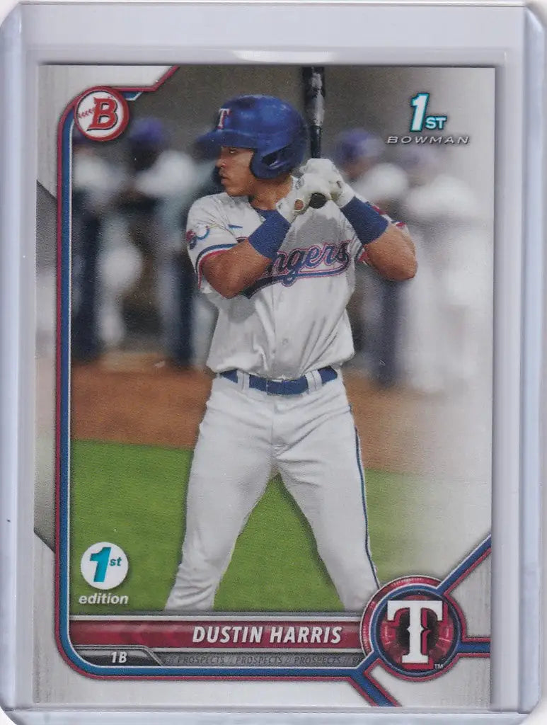 Baseball card of Dustin Harris Texas in batting stance from 2022 Bowman 1st Edition