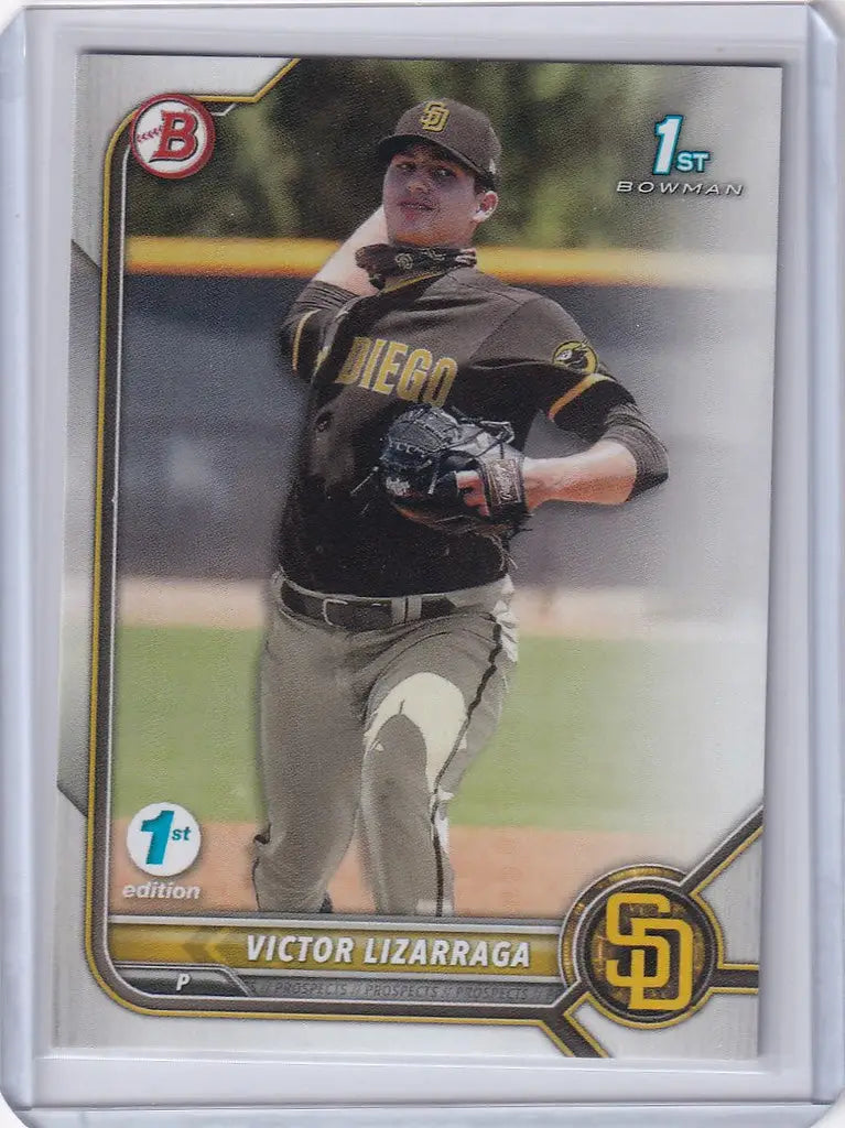 Baseball card of Victor Lizarraga San Diego in mid-throw, 2022 Bowman 1st Edition