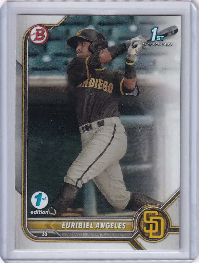 Baseball card of Euribiel Angeles San Diego in mid-swing from Bowman 1st Edition