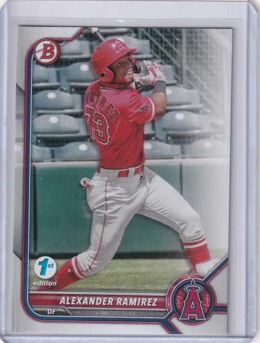 Baseball card of Alexander Ramirez Angels in red uniform, 2022 Bowman 1st Edition