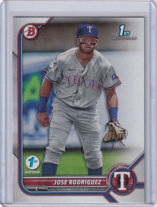 Baseball card of Jose Rodriguez Texas Rangers in gray uniform with glove from Bowman 1st Edition