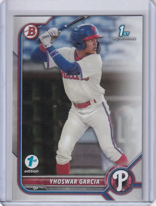 Baseball trading card of Yhoswar Garcia in white and red Phillies uniform