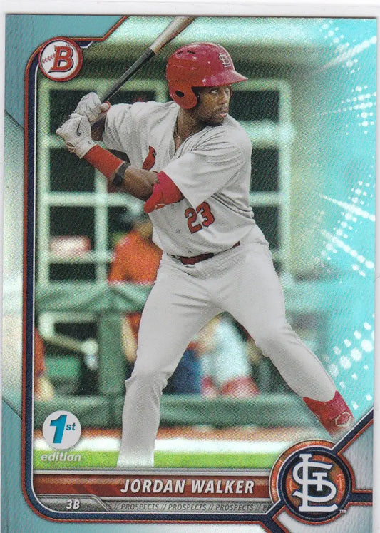 Baseball card of Jordan Walker in batting stance, 2022 Bowman 1st Edition Sky Blue Foil