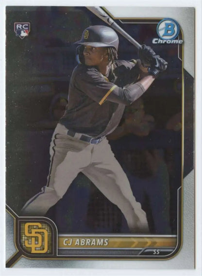 Chrome baseball card of CJ Abrams in batting stance for San Diego Padres