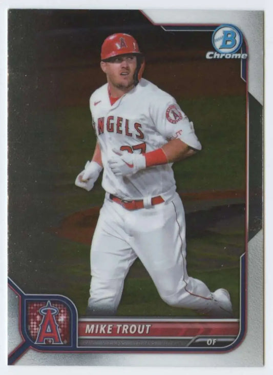 Mike Trout running the bases on a 2022 Bowman Chrome Los Angeles Angels Baseball Card